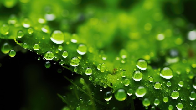 Фото Макро снимок зеленого листа с каплями воды