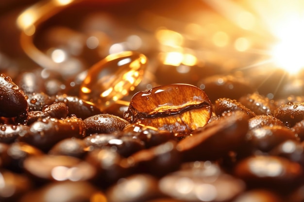 Macro shot of oil glistening on freshly roasted beans created with generative ai