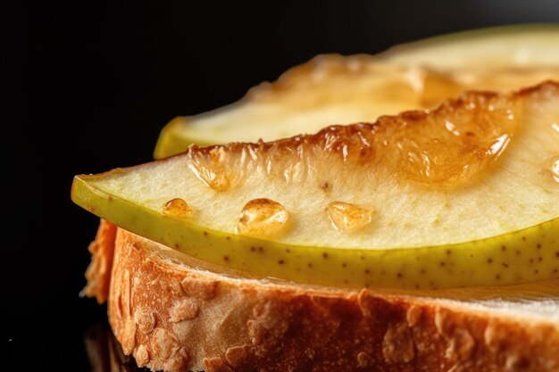 Macro shot of pear slice on toasted bread