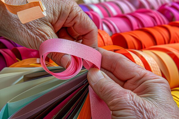 Photo macro shot of a persons hand tying a ribbon around a stack of colored paper