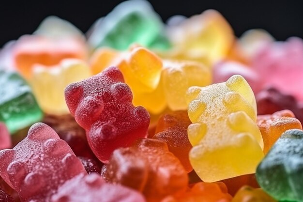 Macro shot of a pile of gummy bears in different flavors