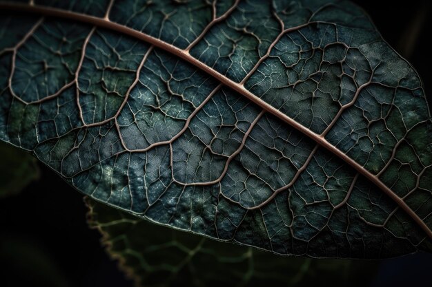 Macro shot of plant leaf with intricate details including veins and textures