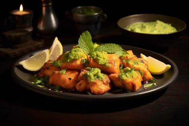 Macro shot of a plate of fish tikka served with mint chutney and lemon wedges