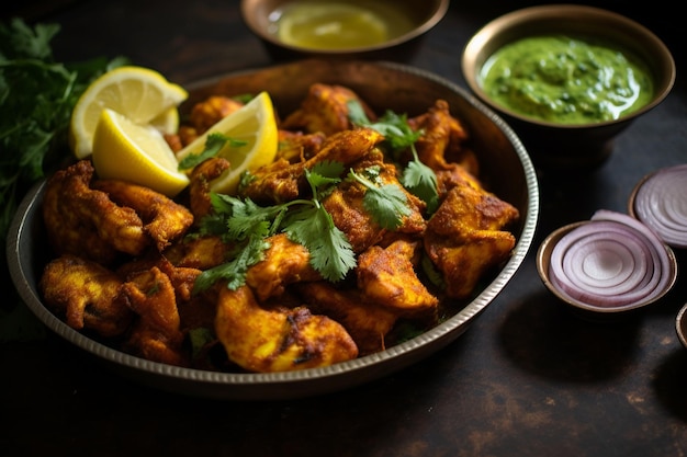Macro shot of a plate of tandoori prawns served with mint chutney and lemon wedges