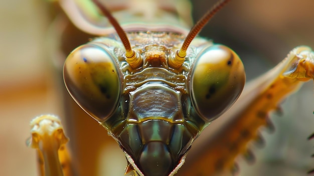 A macro shot of a praying mantiss face The insects eyes are a deep piercing green and its body is a light brown color