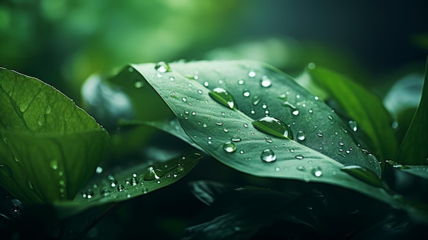 녹색 잎에 있는 빗방울의 매크로 샷 Generative AI