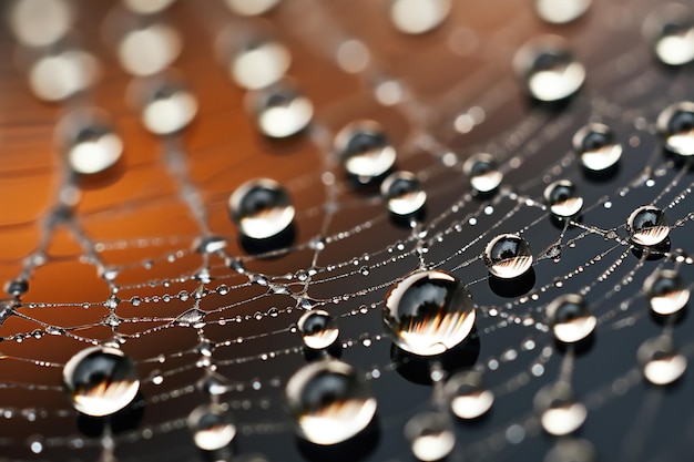 A macro shot of raindrops on a spiderweb in a dewy morning