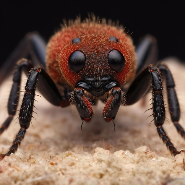 Macro shot of a red ant on a piece of wood