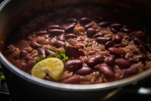 Macro shot of red beans and rice simmering in a pot on a stove surrounded by spices and herbs