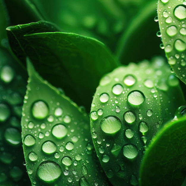 A macro shot reveals the delicate beauty of leaves adorned with morning dew