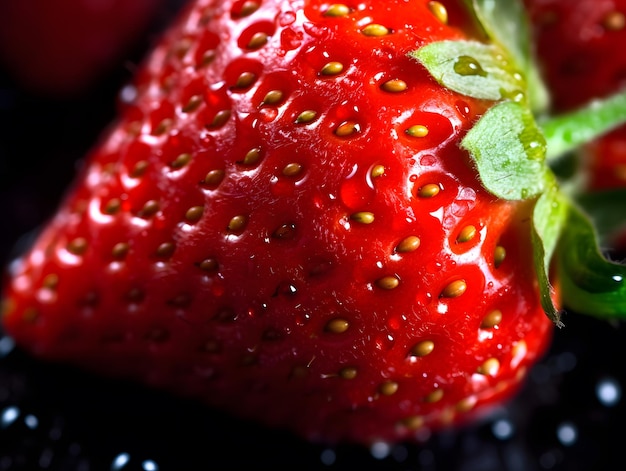 A macro shot of a ripe strawberry with water droplets on its surface Generative AI