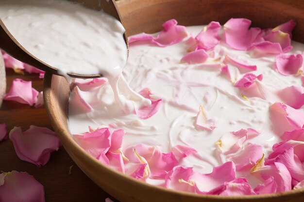 Photo macro shot of rose water being added to fragrant kheer