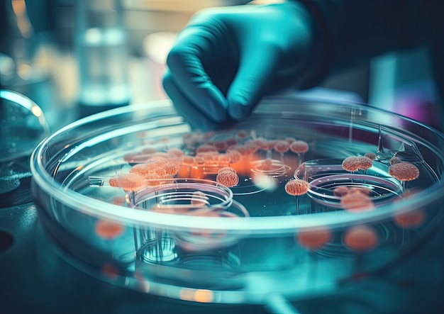 A macro shot of a scientist's gloved hand carefully pipetting a small amount of liquid into a petri