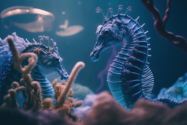A macro shot of seahorses in an aquariums water