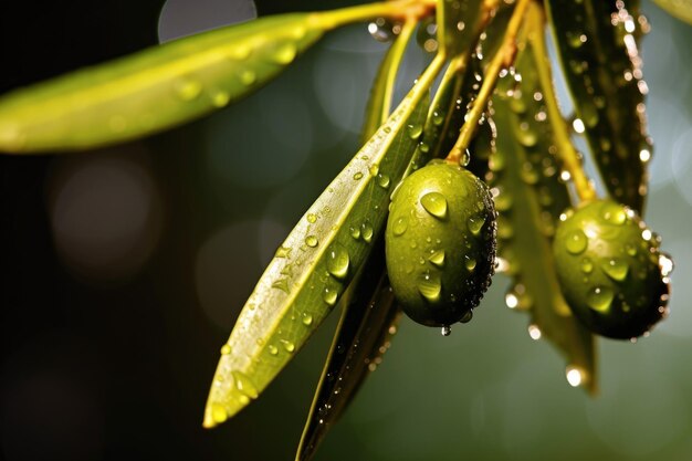 Macro shot of a single olive with oil droplets created with generative ai