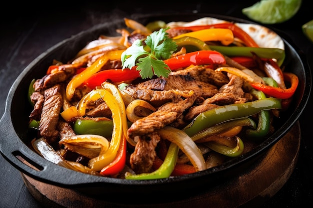 Photo macro shot of sizzling and juicy fajitas with caramelized onions and colorful peppers