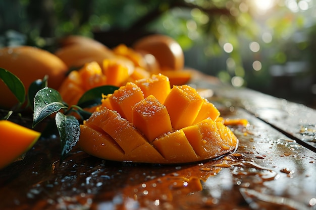 Macro shot of a sliced mango