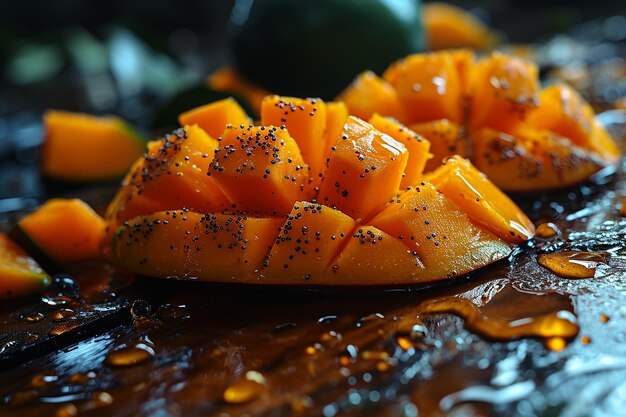 Macro shot of a sliced mango