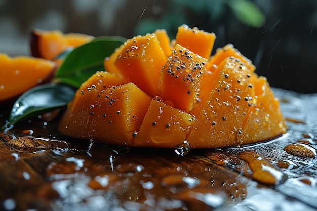 Macro shot of a sliced mango