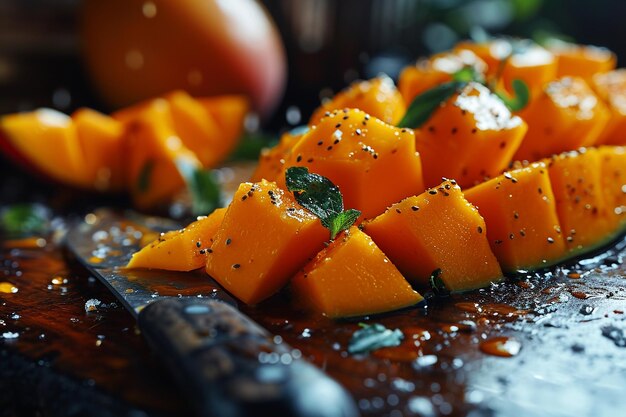 Macro shot of a sliced mango