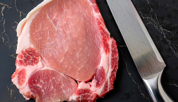 Macro shot of sliced raw pork and silver knife on black marble surface top view