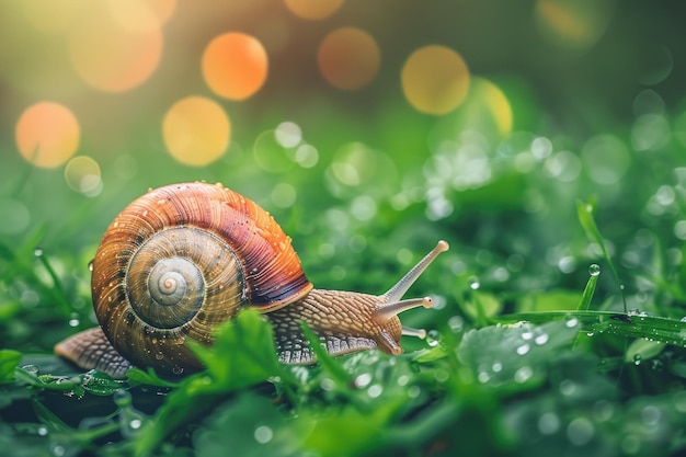 Macro shot of a snail on the grass after the rain