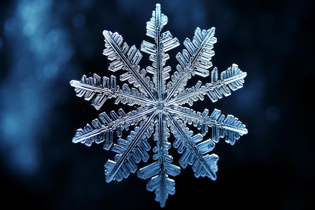 Photo macro shot of a snowflake on a dark blue background