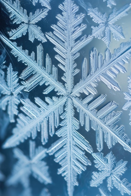 Macro shot of snowflakes on a frosted windowpane created with generative ai