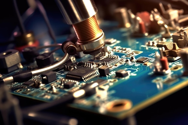 Macro shot of soldering iron attaching components to circuit board created with generative ai