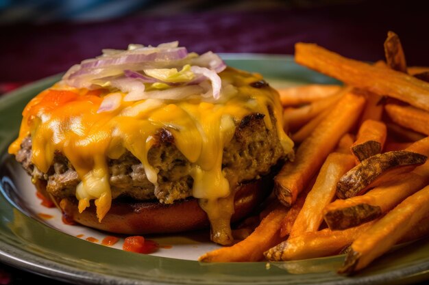 Foto ripresa macro di una bistecca di hamburger ripiena di jalapeno piccante e cheddar con un lato di insalata di cavolo