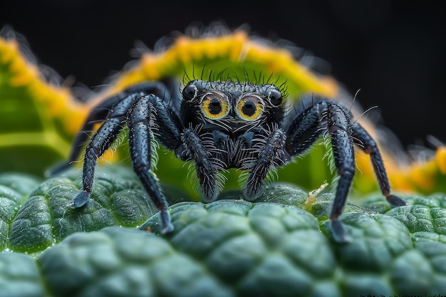 Foto immagine macro di un ragno su una foglia verde che fissa l'obiettivo