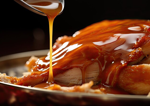 Photo a macro shot of a spoonful of thanksgiving gravy being drizzled onto a slice of juicy turkey the ca