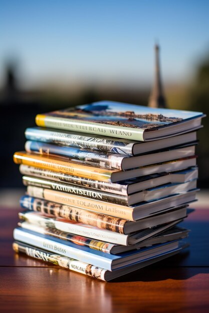 Macro shot of a stack of travel guides with blurred global landmarks in the background