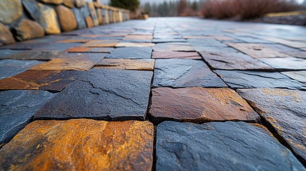 a macro shot of stone tile decking with a distinct pattern and a mix of earthy tones creating a