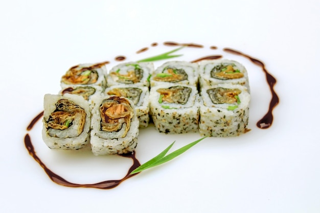 Macro shot of sushi uramaki skin salmon Japanese food closeup Isolated on white background