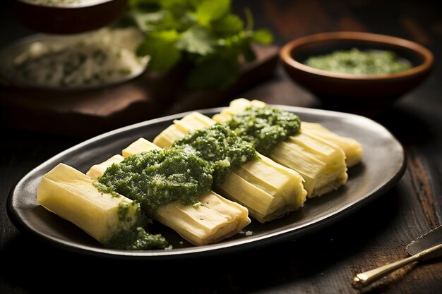 Macro shot of tamales garnished with a drizzle of salsa verde