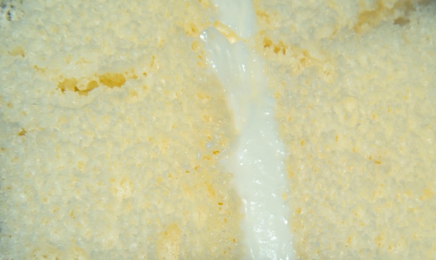 Макро снял текстуру желтого торта и белого крема в центре