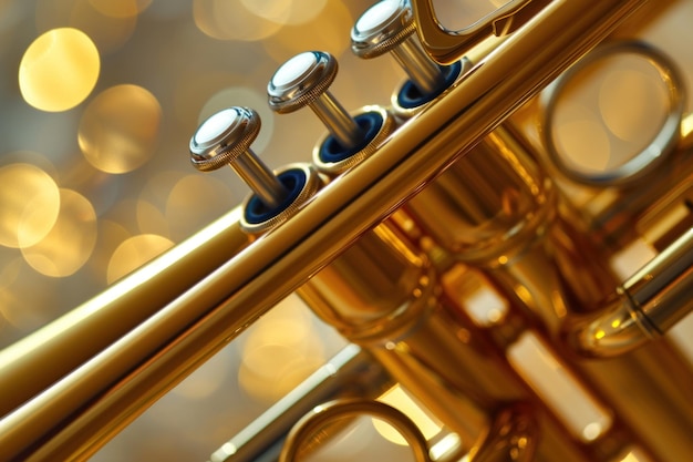 Macro shot of trumpet valves showcasing intricate details in golden light Jazz Revival