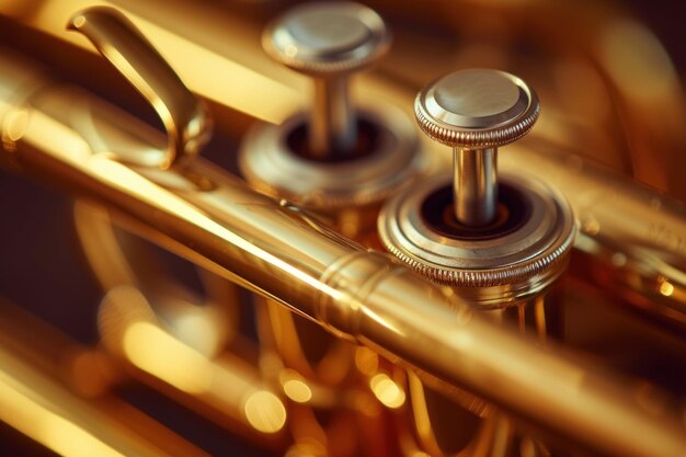 Macro shot of trumpet valves showcasing intricate details in golden light