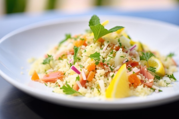 Macro shot van couscous salade met citroen schil garneren