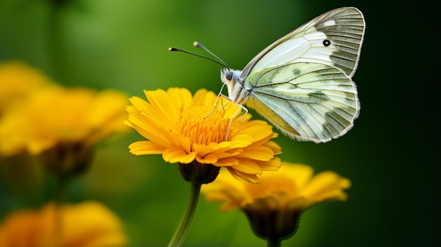 Macro shot van hout witte vlinder op Marigold