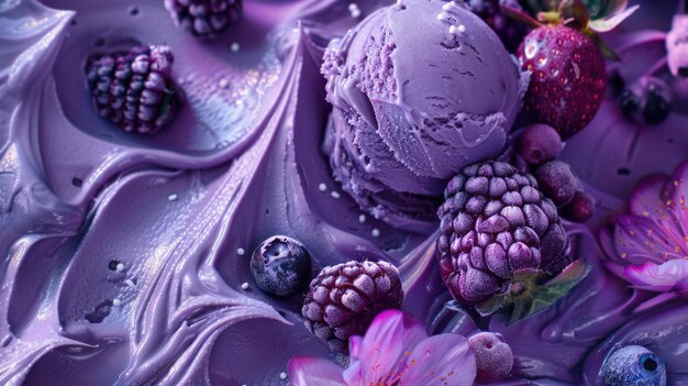 Macro shot van paarse ijs met verse bessen en bloemen