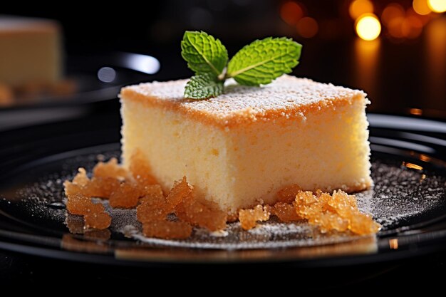 A macro shot of vanilla cake crumbs on a serving platter