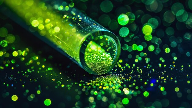 A macro shot of a vial filled with tiny green particles each one emitting a faint glow illustrating