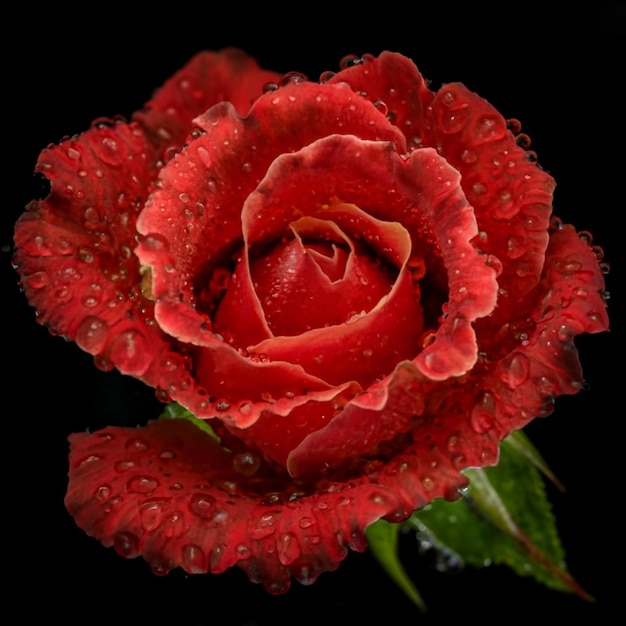 Macro Shot of Vibrant Red Rose Petals Covered in Dew on Black Background