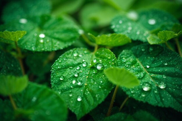 Macro shot of water droplets on the leaves of a green plant