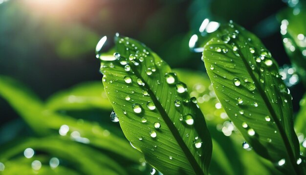 A macro shot of water droplets on the leaves