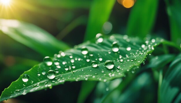 A macro shot of water droplets on the leaves