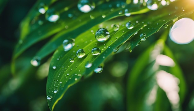 A macro shot of water droplets on the leaves