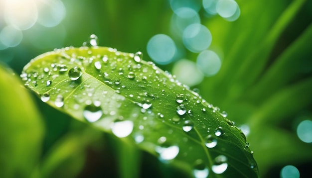 A macro shot of water droplets on the leaves